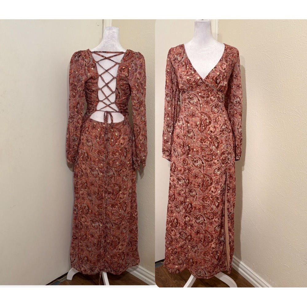 Boho Whimsical Paisley Gold Polka Dot Lace Up Low Back Maxi Dress Orange Sz M